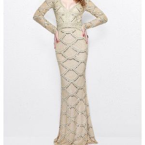 PRIMAVERA COUTURE gold champagne long sleeve beaded gown